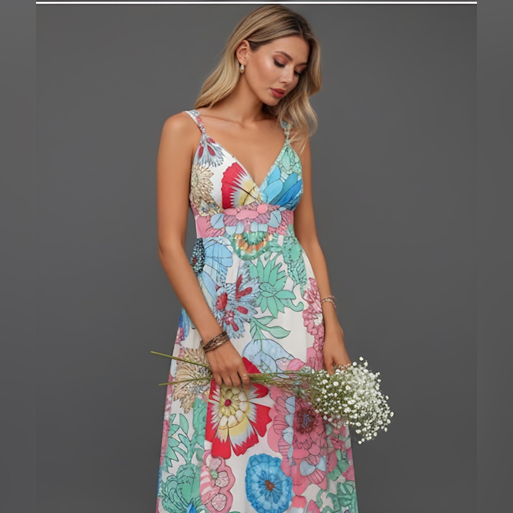 Boho V-Neck Long A-Line Floral Dress Multicolour - Picture 3 of 9